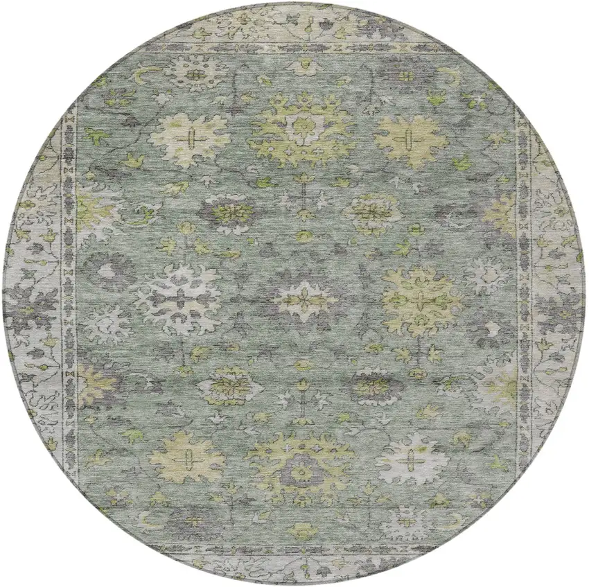 8' Sage Gray And Gold Round Floral Washable Indoor Outdoor Area Rug Photo 3