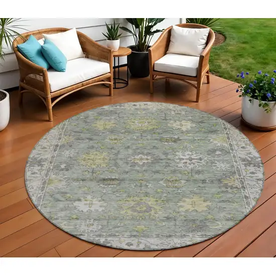 8' Sage Gray And Gold Round Floral Washable Indoor Outdoor Area Rug Photo 2