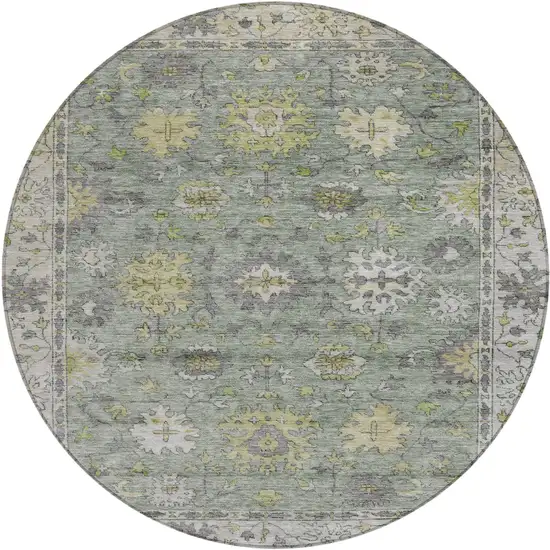 8' Sage Gray And Gold Round Floral Washable Indoor Outdoor Area Rug Photo 1
