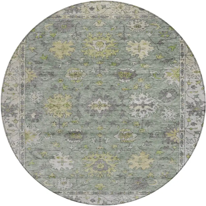 8' Sage Gray And Gold Round Floral Washable Indoor Outdoor Area Rug Photo 1