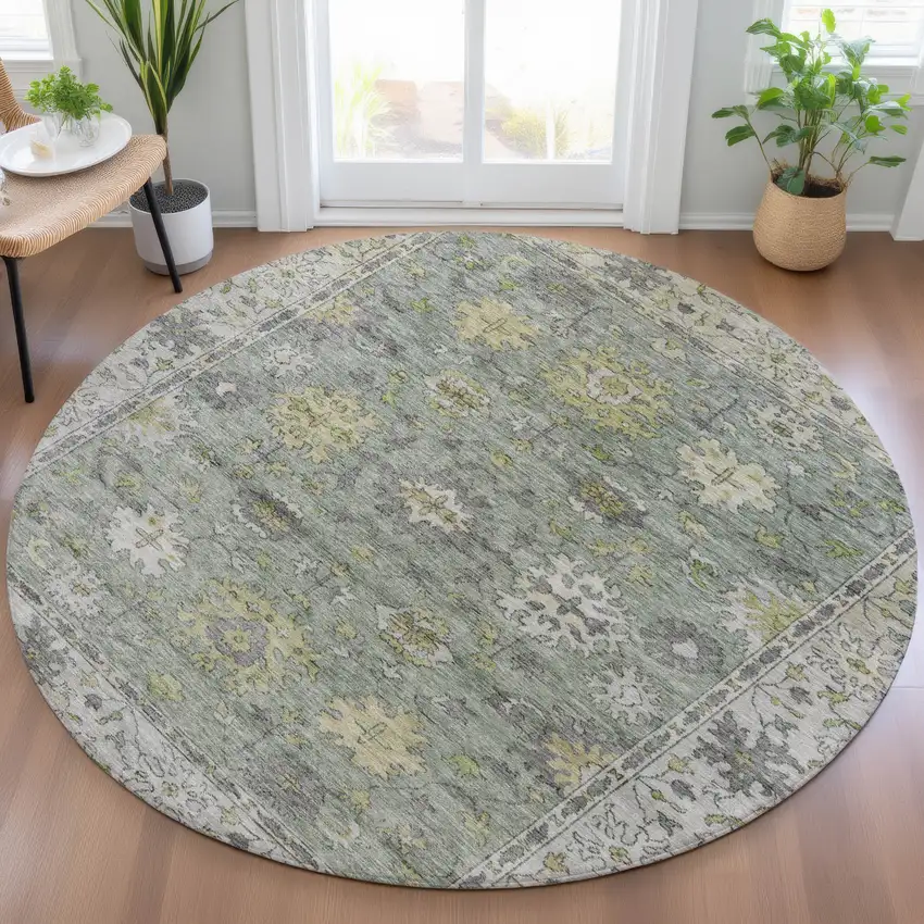 8' Sage Gray And Gold Round Floral Washable Indoor Outdoor Area Rug Photo 5