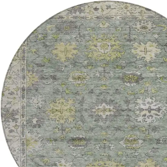 8' Sage Gray And Gold Round Floral Washable Indoor Outdoor Area Rug Photo 4