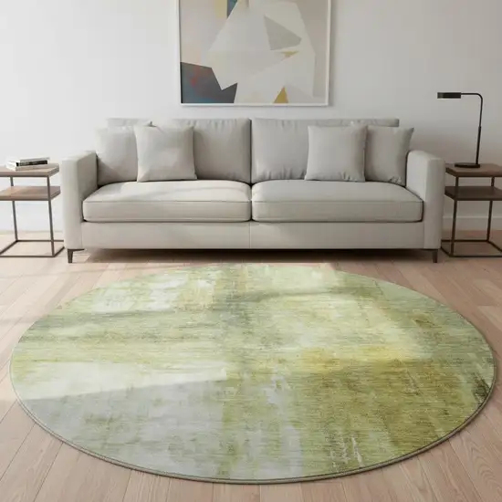 8' Sage Gray And Ivory Abstract Washable Round Rug With UV Protection Photo 2