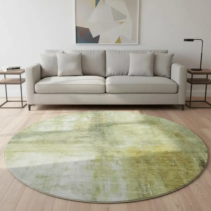 8' Sage Gray And Ivory Abstract Washable Round Rug With UV Protection Photo 2