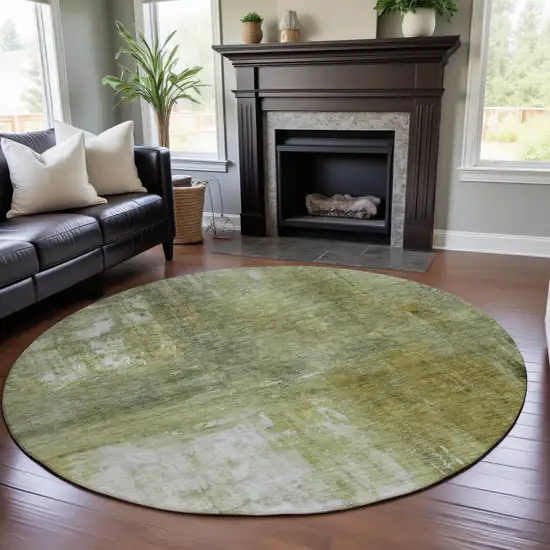 8' Sage Gray And Ivory Abstract Washable Round Rug With UV Protection Photo 4