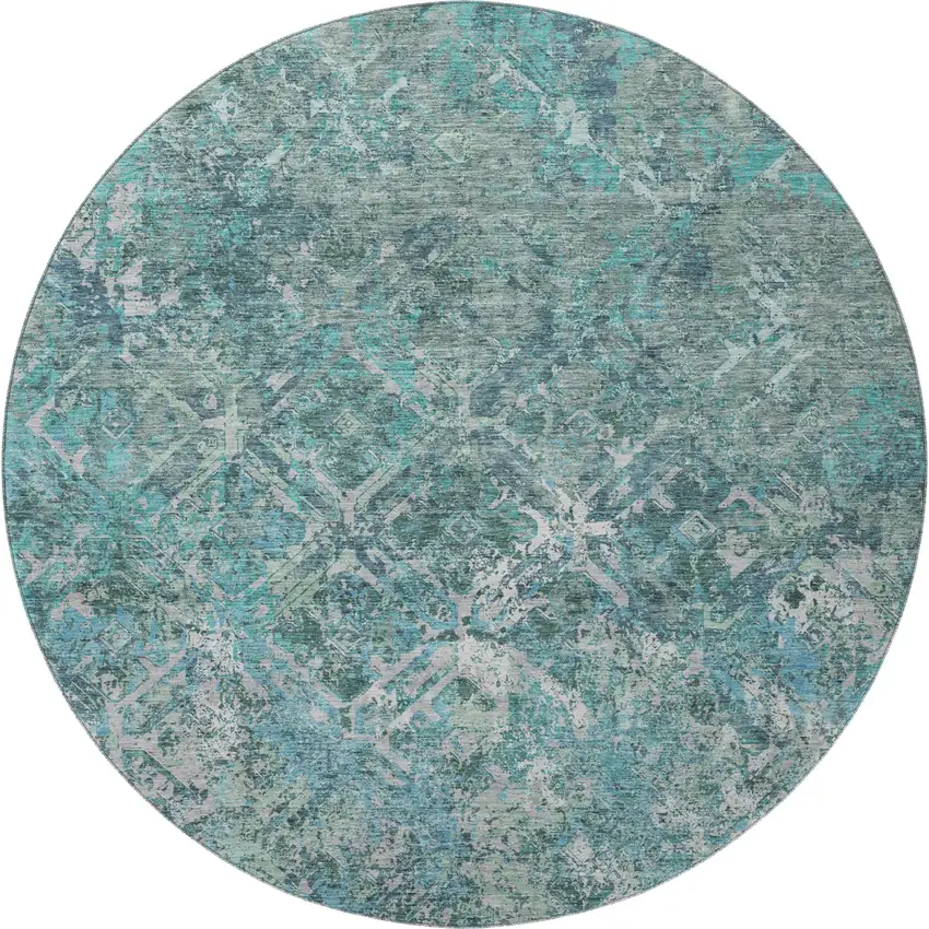 8' Sage Gray And Ivory Diamond Washable Round Rug With UV Protection Photo 3