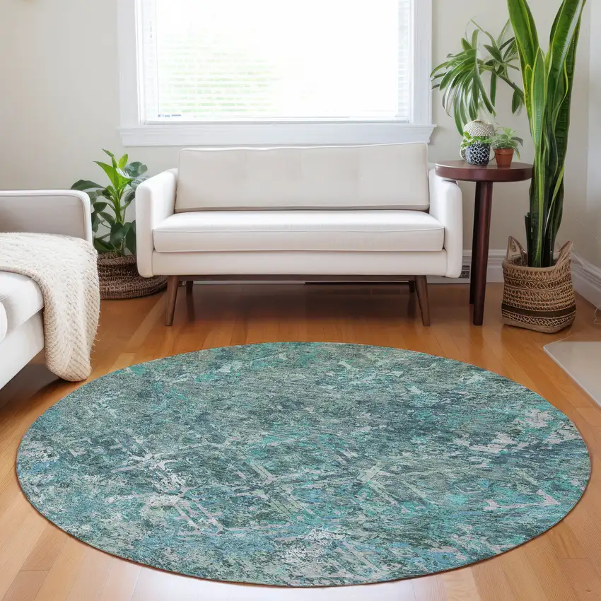 8' Sage Gray And Ivory Diamond Washable Round Rug With UV Protection Photo 4
