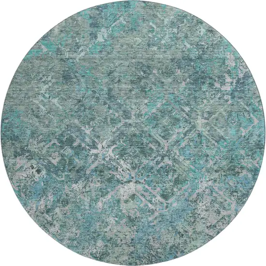 8' Sage Gray And Ivory Diamond Washable Round Rug With UV Protection Photo 1