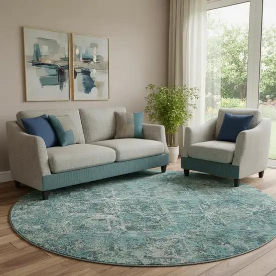 8' Sage Gray And Ivory Diamond Washable Round Rug With UV Protection Photo 1