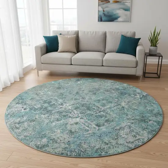 8' Sage Gray And Ivory Diamond Washable Round Rug With UV Protection Photo 2
