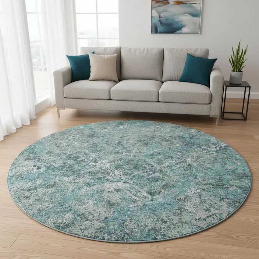 8' Sage Gray And Ivory Diamond Washable Round Rug With UV Protection Photo 2