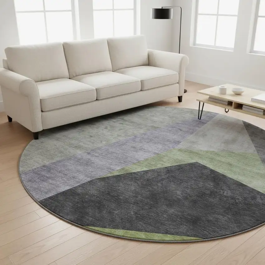 8' Sage Gray And Ivory Geometric Washable Round Rug With UV Protection Photo 2