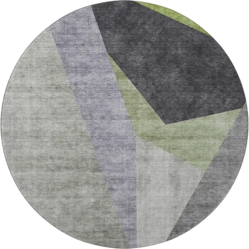 8' Sage Gray And Ivory Geometric Washable Round Rug With UV Protection Photo 3