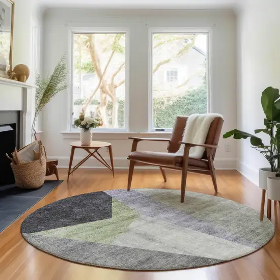 8' Sage Gray And Ivory Geometric Washable Round Rug With UV Protection Photo 5