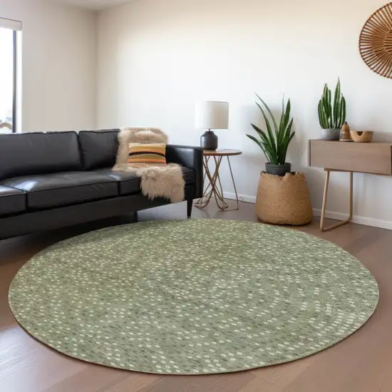 8' Sage Gray And Ivory Round Polka Dot Washable Indoor Outdoor Area Rug Photo 7