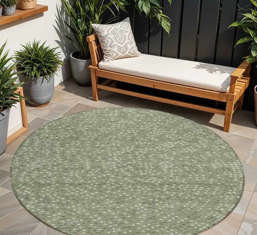 8' Sage Gray And Ivory Round Polka Dot Washable Indoor Outdoor Area Rug Photo 1