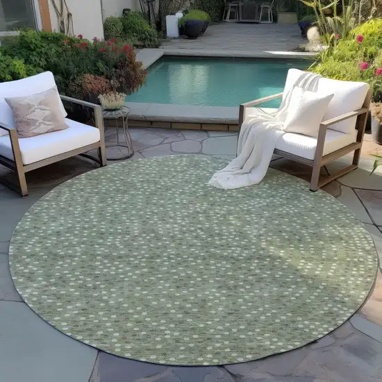 8' Sage Gray And Ivory Round Polka Dot Washable Indoor Outdoor Area Rug Photo 6