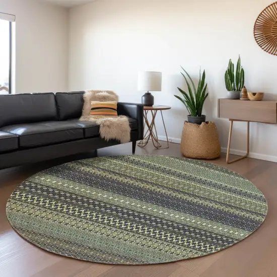 8' Sage Gray And Ivory Striped Washable Round Rug With UV Protection Photo 4