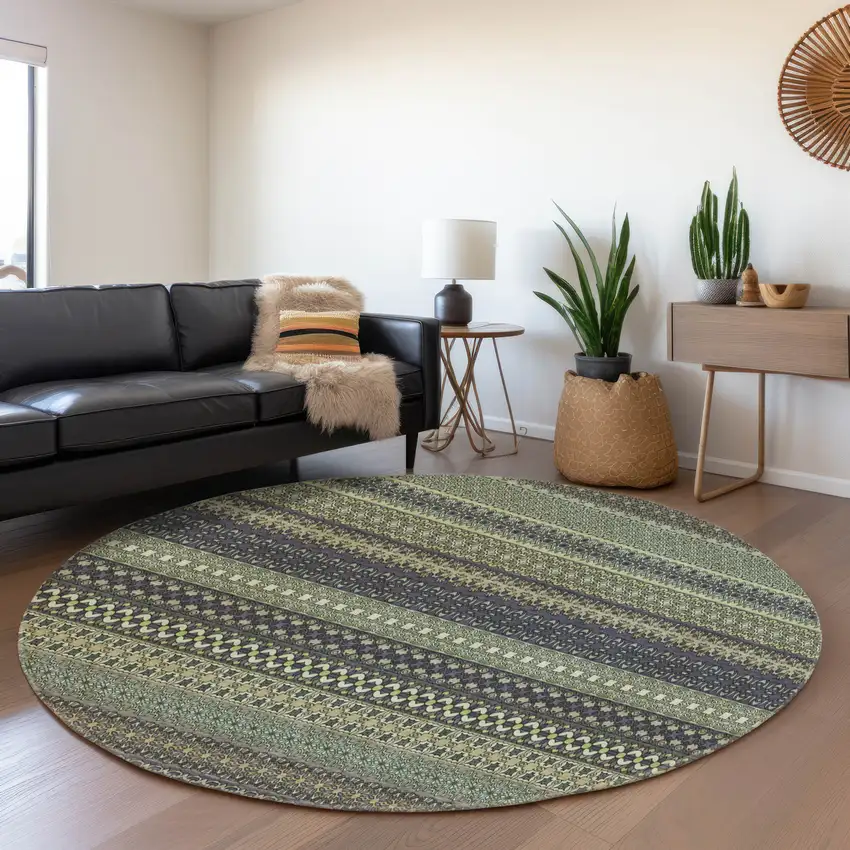 8' Sage Gray And Ivory Striped Washable Round Rug With UV Protection Photo 4