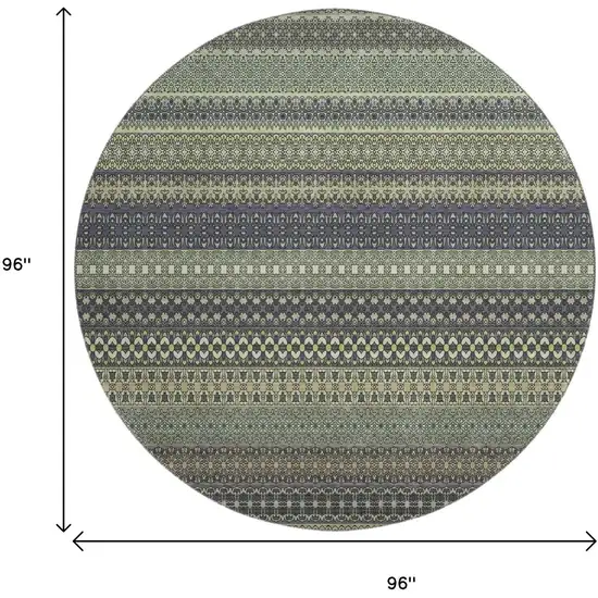 8' Sage Gray And Ivory Striped Washable Round Rug With UV Protection Photo 9