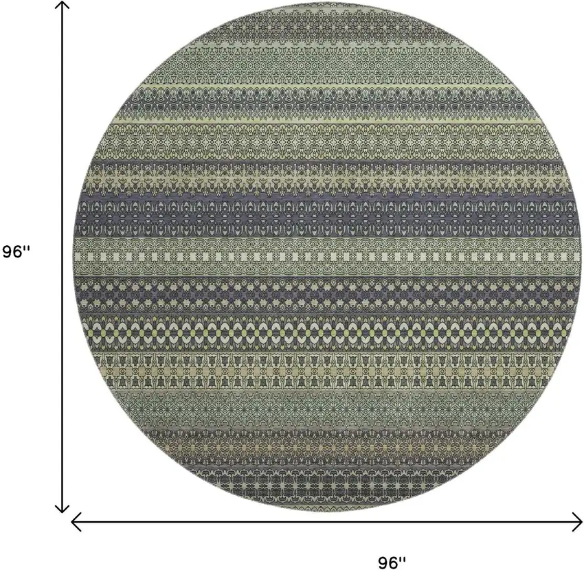 8' Sage Gray And Ivory Striped Washable Round Rug With UV Protection Photo 9