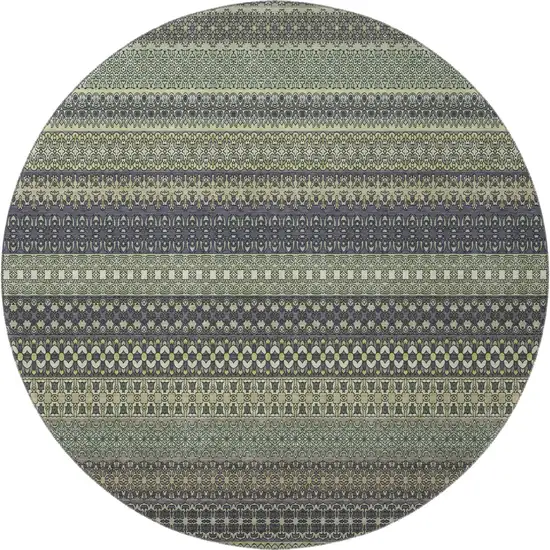 8' Sage Gray And Ivory Striped Washable Round Rug With UV Protection Photo 3