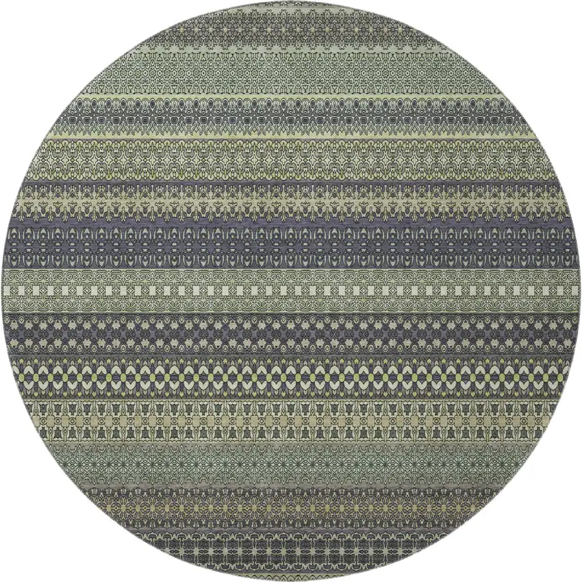 8' Sage Gray And Ivory Striped Washable Round Rug With UV Protection Photo 3