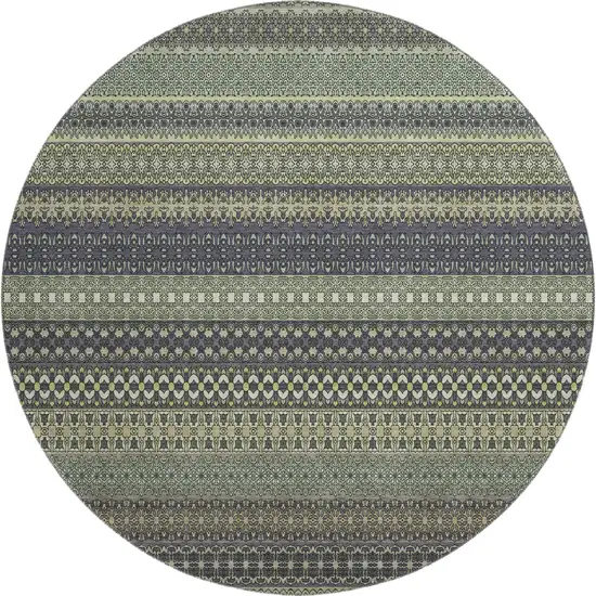 8' Sage Gray And Ivory Striped Washable Round Rug With UV Protection Photo 1