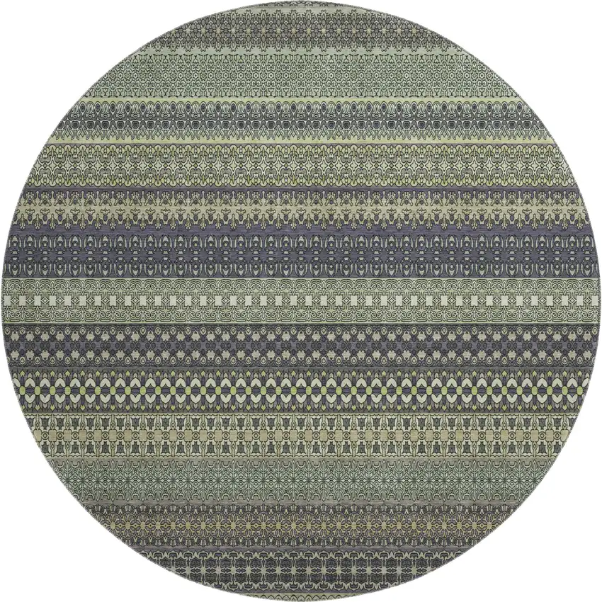 8' Sage Gray And Ivory Striped Washable Round Rug With UV Protection Photo 1