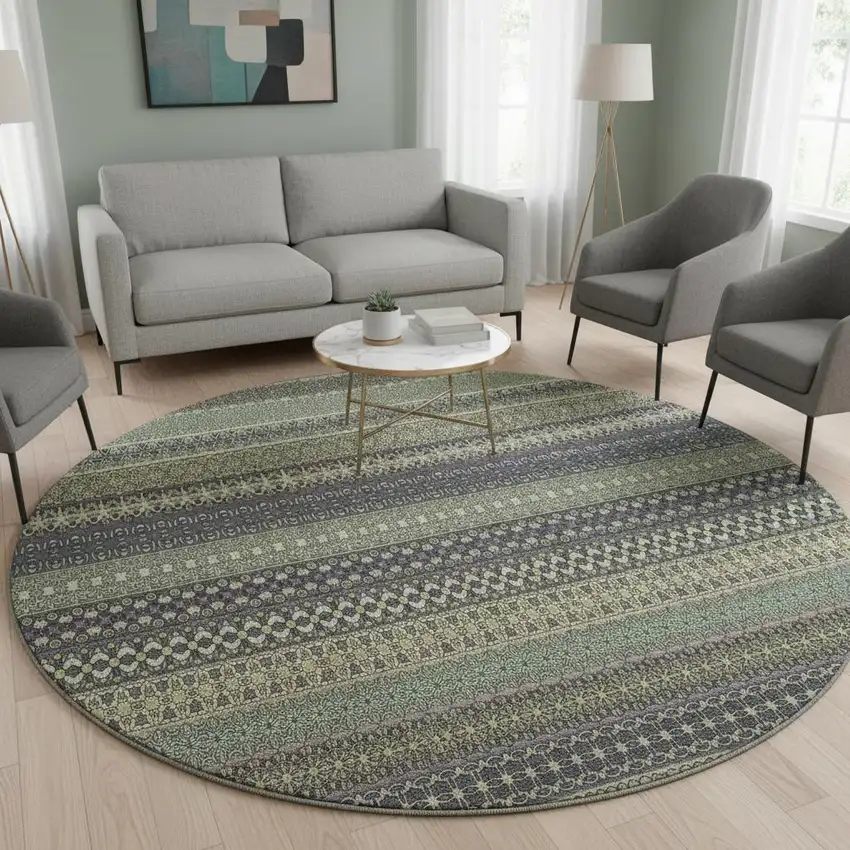 8' Sage Gray And Ivory Striped Washable Round Rug With UV Protection Photo 2