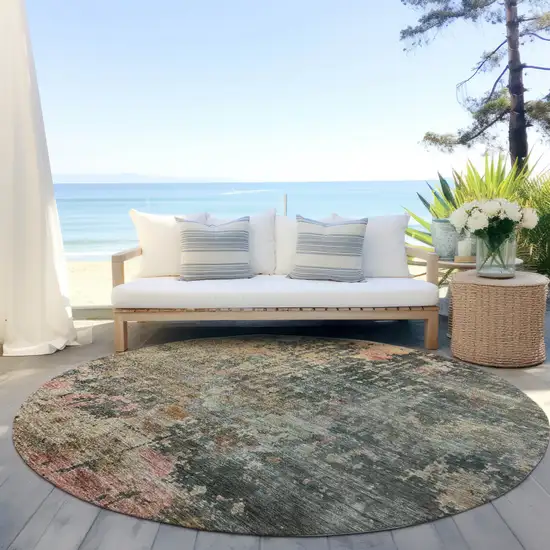 8' Sage Gray And Pink Round Abstract Washable Indoor Outdoor Area Rug Photo 6