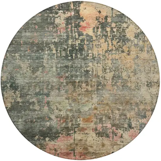 8' Sage Gray And Pink Round Abstract Washable Indoor Outdoor Area Rug Photo 5