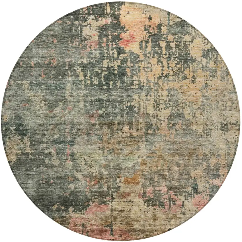 8' Sage Gray And Pink Round Abstract Washable Indoor Outdoor Area Rug Photo 5