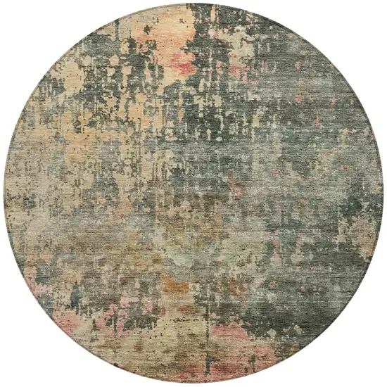 8' Sage Gray And Pink Round Abstract Washable Indoor Outdoor Area Rug Photo 4