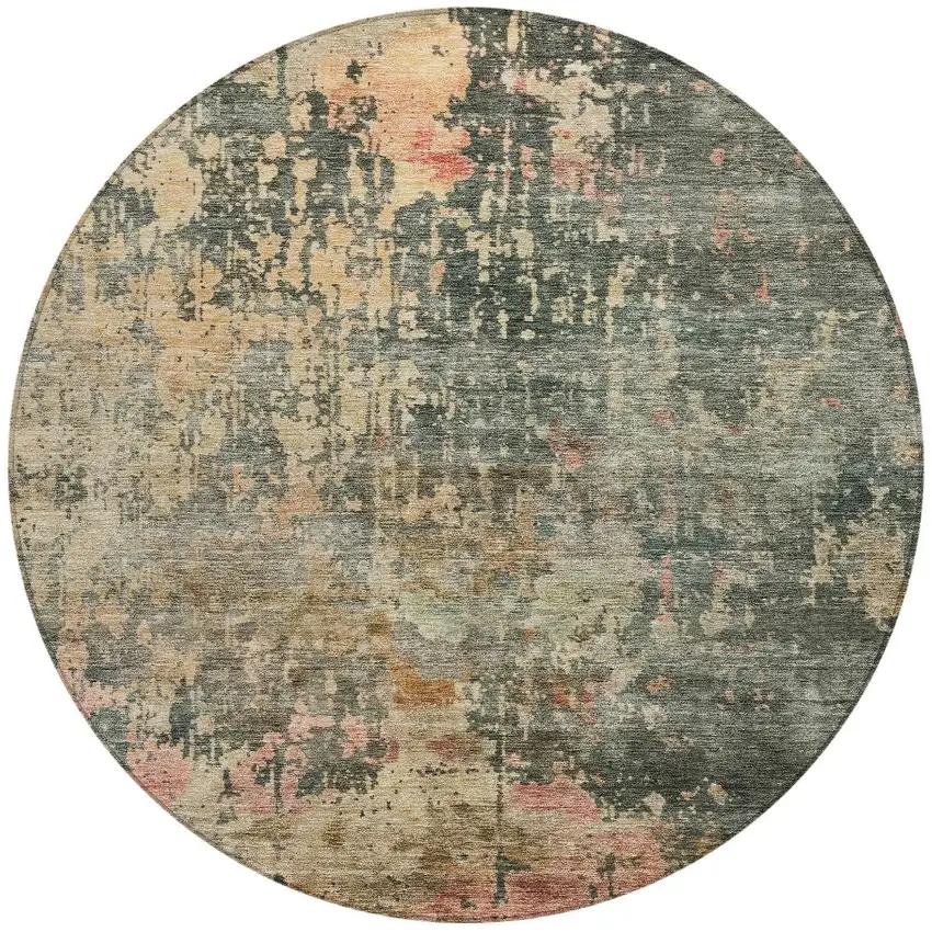 8' Sage Gray And Pink Round Abstract Washable Indoor Outdoor Area Rug Photo 4