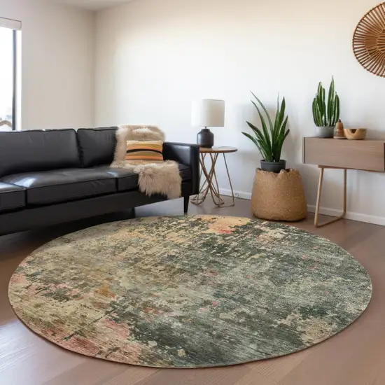 8' Sage Gray And Pink Round Abstract Washable Indoor Outdoor Area Rug Photo 7