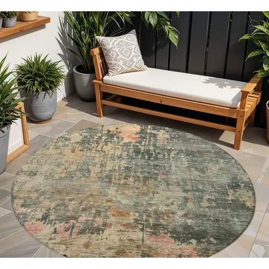 8' Sage Gray And Pink Round Abstract Washable Indoor Outdoor Area Rug Photo 1