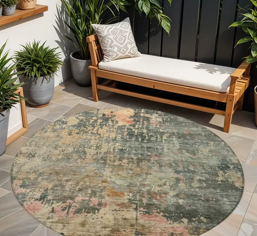 8' Sage Gray And Pink Round Abstract Washable Indoor Outdoor Area Rug Photo 1