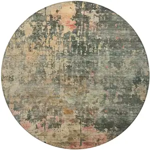 Photo of 8' Sage Gray And Pink Round Abstract Washable Indoor Outdoor Area Rug