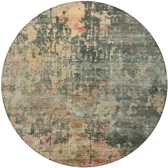 8' Sage Gray And Pink Round Abstract Washable Indoor Outdoor Area Rug Photo 2