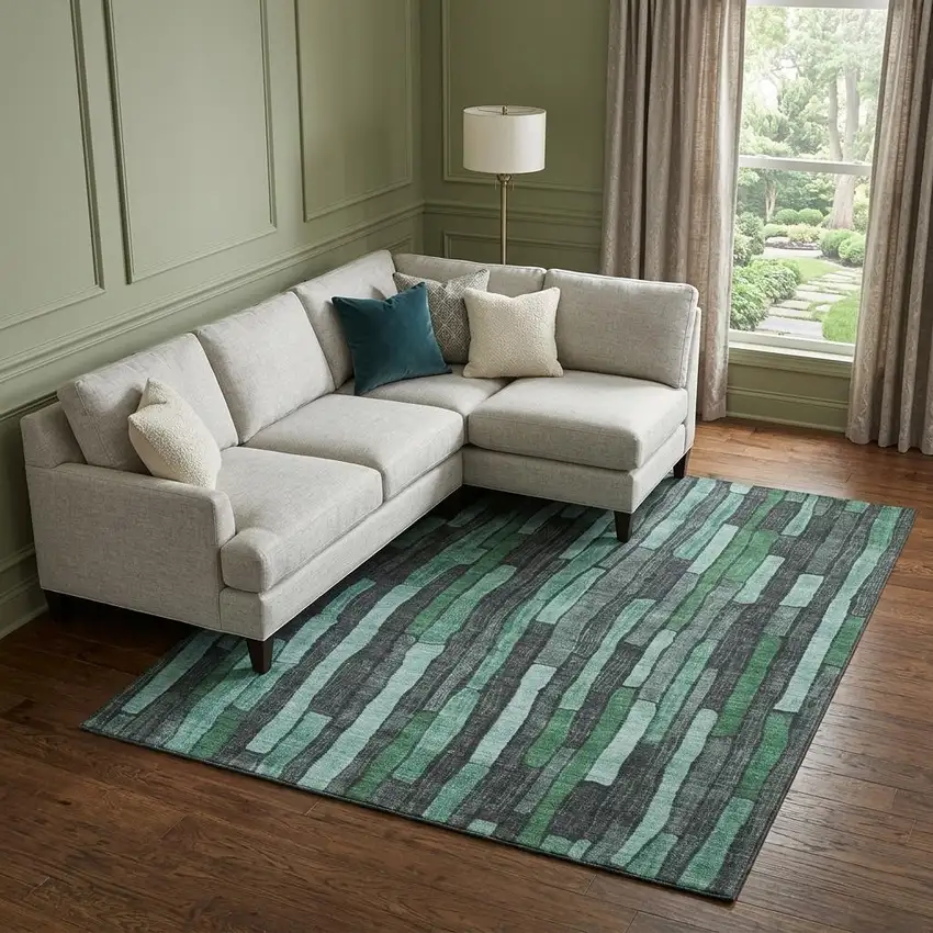 8' Sage Gray And Teal Striped Washable Area Rug With UV Protection Photo 1