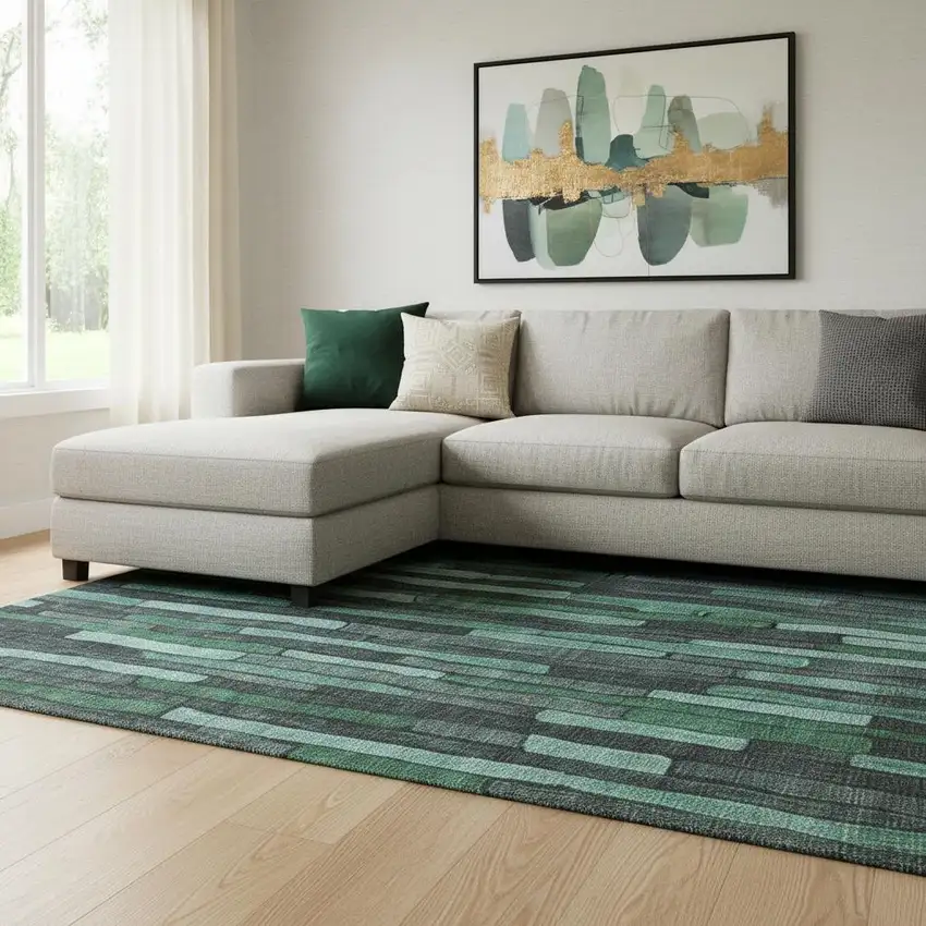 8' Sage Gray And Teal Striped Washable Area Rug With UV Protection Photo 2