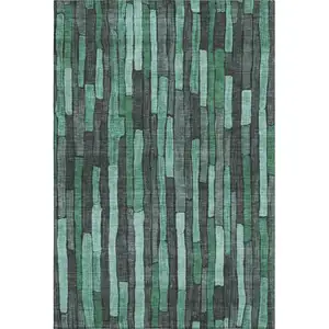 Photo of 8' Sage Gray And Teal Striped Washable Area Rug With UV Protection