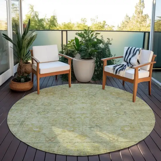 8' Sage Green And Brown Round Oriental Washable Indoor Outdoor Area Rug Photo 6