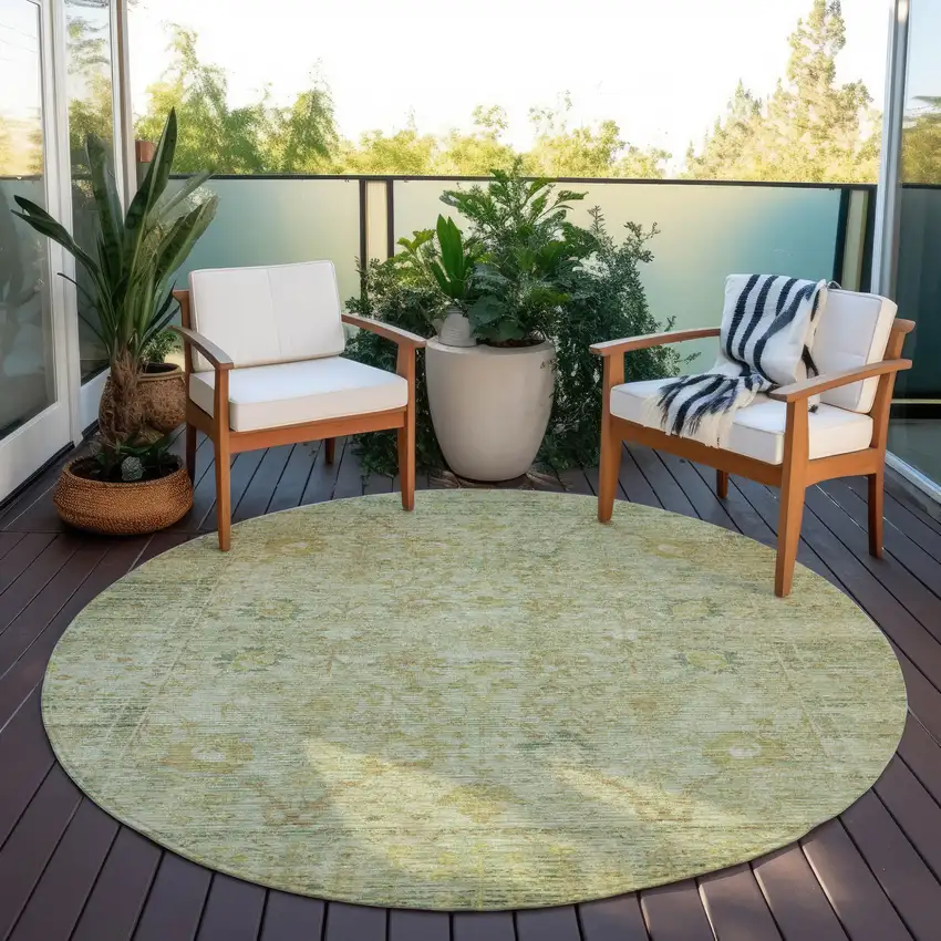 8' Sage Green And Brown Round Oriental Washable Indoor Outdoor Area Rug Photo 6