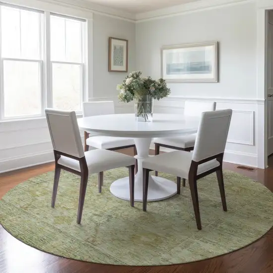 8' Sage Green And Brown Round Oriental Washable Indoor Outdoor Area Rug Photo 7