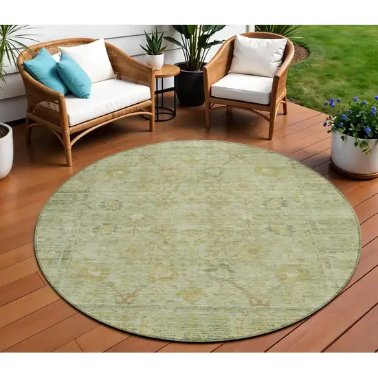 8' Sage Green And Brown Round Oriental Washable Indoor Outdoor Area Rug Photo 1