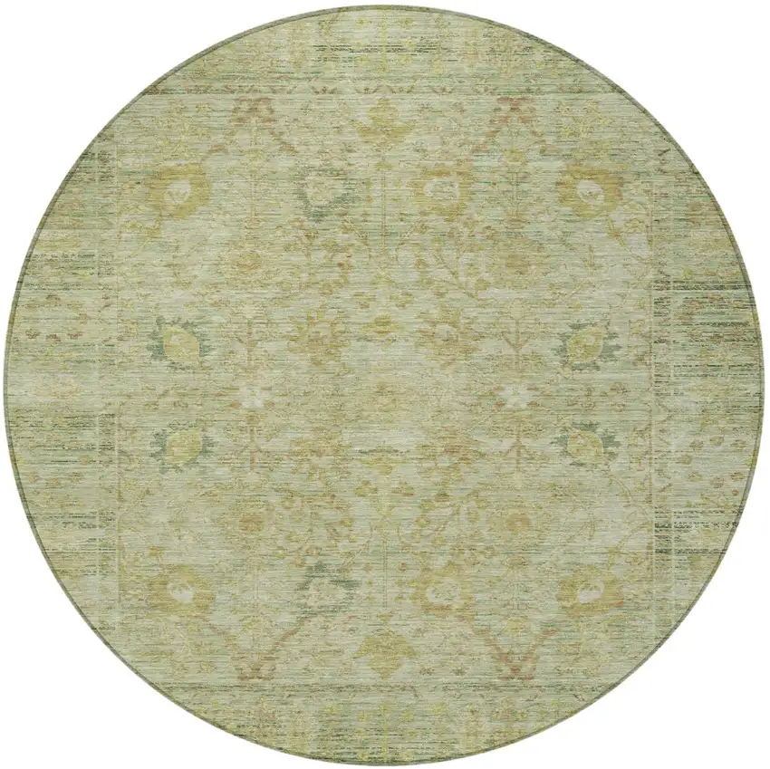 8' Sage Green And Brown Round Oriental Washable Indoor Outdoor Area Rug Photo 5