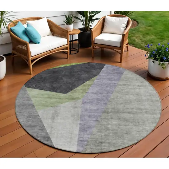 8' Sage Green And Charcoal Round Abstract Washable Indoor Outdoor Area Rug Photo 1