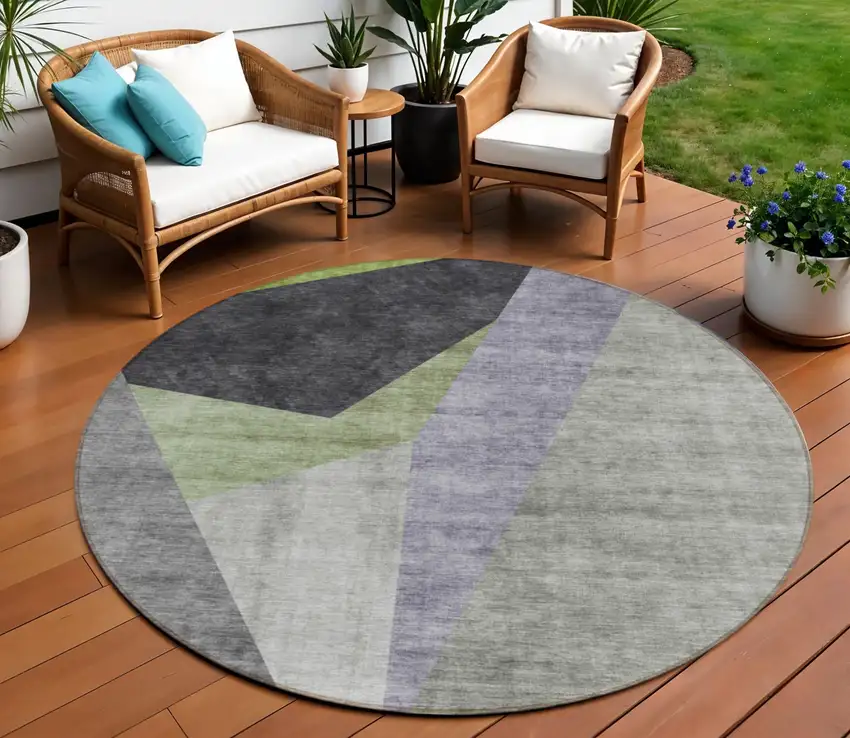 8' Sage Green And Charcoal Round Abstract Washable Indoor Outdoor Area Rug Photo 1